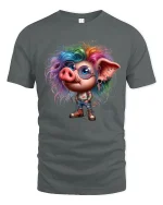 Funny Punk Pig Tee Colorful Rebel Pig With Rainbow Hair Art - gray t-shirt on white background
