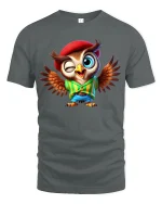 Funny Winking Owl Tee Cute Cartoon Owl With Hat And Wings Art - gray t-shirt on white background