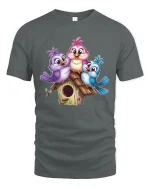 Cute Bird Family Tee Colorful Baby Birds Sitting On Cozy Birdhouse - gray t-shirt on white background