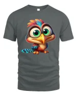 Cute Big Eyed Baby Bird Tee Colorful Cartoon Animal Art Style - gray t-shirt on white background