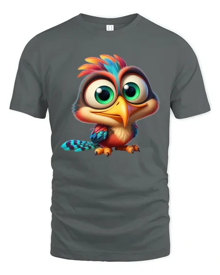 Cute Big Eyed Baby Bird Tee Colorful Cartoon Animal Art Style - gray t-shirt on white background