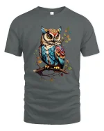 Colorful Owl Tee Artistic Feathered Owl Illustration Nature Art - gray t-shirt on white background