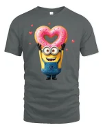 Funny Yellow Cartoon Tee Cute Character Holding Heart Donut Art - gray t-shirt on white background