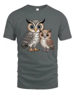 Cute Owl Family Tee Big Eyed Parent And Baby Cartoon Art - gray t-shirt on white background