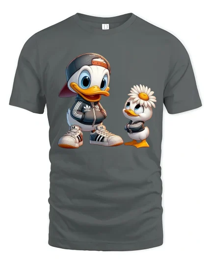 Cute Cartoon Duck Duo Tee Playful Street Style Bird Art - gray t-shirt on white background