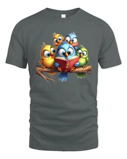 Cute Reading Birds Tee Adorable Cartoon Owls Story Time Art - gray t-shirt on white background