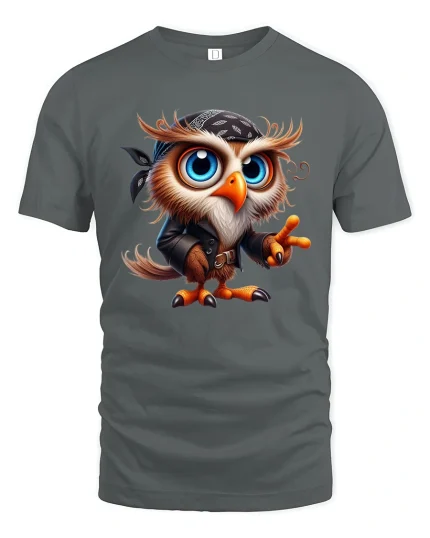 Cool Rebel Owl Tee Funny Cute Bird With Bandana And Leather Style - gray t-shirt on white background