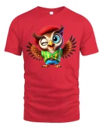 Funny Winking Owl Tee Cute Cartoon Owl With Hat And Wings Art - red t-shirt on white background