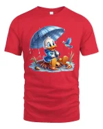 Cute Duck Under Umbrella Tee Adorable Rainy Day Cartoon Art - red t-shirt on white background