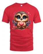 Cute Owl Love Tee Big Eyes Owl Holding Heart Sweet Art Design - red t-shirt on white background