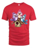 Cute Bird Family Tee Colorful Baby Birds Sitting On Cozy Birdhouse - red t-shirt on white background