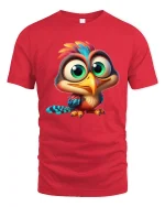 Cute Big Eyed Baby Bird Tee Colorful Cartoon Animal Art Style - red t-shirt on white background
