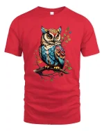 Colorful Owl Tee Artistic Feathered Owl Illustration Nature Art - red t-shirt on white background