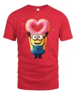 Funny Yellow Cartoon Tee Cute Character Holding Heart Donut Art - red t-shirt on white background