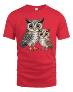 Cute Owl Family Tee Big Eyed Parent And Baby Cartoon Art - red t-shirt on white background