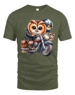Cute Biker Owl Family Tee Funny Motorcycle Riding Owl Cartoon Art - military green t-shirt on white background