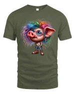 Funny Punk Pig Tee Colorful Rebel Pig With Rainbow Hair Art - military green t-shirt on white background