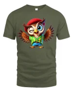 Funny Winking Owl Tee Cute Cartoon Owl With Hat And Wings Art - military green t-shirt on white background