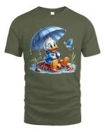 Cute Duck Under Umbrella Tee Adorable Rainy Day Cartoon Art - military green t-shirt on white background