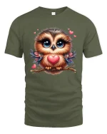 Cute Owl Love Tee Big Eyes Owl Holding Heart Sweet Art Design - military green t-shirt on white background