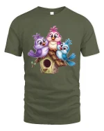 Cute Bird Family Tee Colorful Baby Birds Sitting On Cozy Birdhouse - military green t-shirt on white background