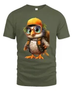 Cute Explorer Bird Tee Adorable Cartoon Bird With Backpack Art - military green t-shirt on white background