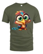 Cute Big Eyed Baby Bird Tee Colorful Cartoon Animal Art Style - military green t-shirt on white background