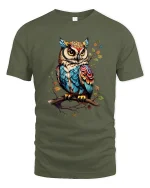 Colorful Owl Tee Artistic Feathered Owl Illustration Nature Art - military green t-shirt on white background