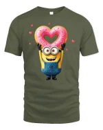 Funny Yellow Cartoon Tee Cute Character Holding Heart Donut Art - military green t-shirt on white background