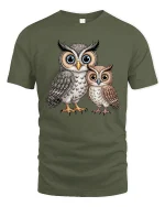 Cute Owl Family Tee Big Eyed Parent And Baby Cartoon Art - military green t-shirt on white background