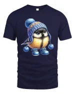 Cute Winter Bird Tee With Cozy Knit Hat Wholesome Art Style - navy t-shirt on white background