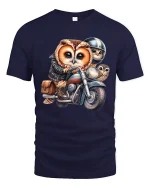Cute Biker Owl Family Tee Funny Motorcycle Riding Owl Cartoon Art - navy t-shirt on white background