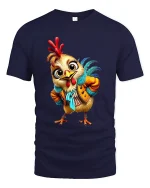 Funny Fashion Chicken Tee Cute Rooster Cartoon Character Style Art - navy t-shirt on white background