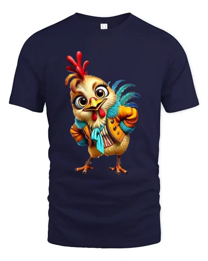 Funny Fashion Chicken Tee Cute Rooster Cartoon Character Style Art - navy t-shirt on white background