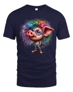 Funny Punk Pig Tee Colorful Rebel Pig With Rainbow Hair Art - navy t-shirt on white background