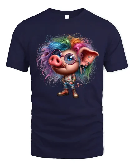 Funny Punk Pig Tee Colorful Rebel Pig With Rainbow Hair Art - navy t-shirt on white background