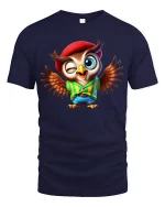 Funny Winking Owl Tee Cute Cartoon Owl With Hat And Wings Art - navy t-shirt on white background