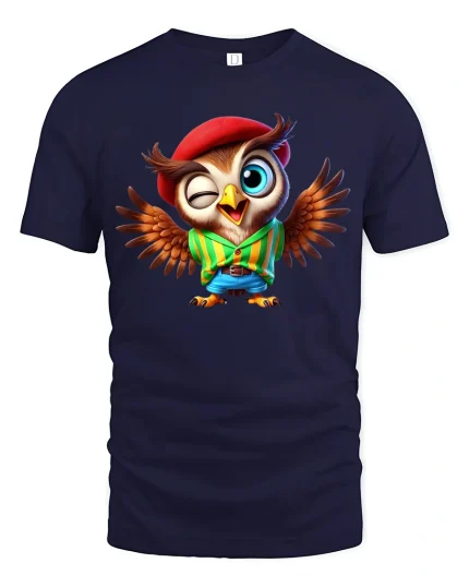 Funny Winking Owl Tee Cute Cartoon Owl With Hat And Wings Art - navy t-shirt on white background