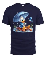 Cute Duck Under Umbrella Tee Adorable Rainy Day Cartoon Art - navy t-shirt on white background
