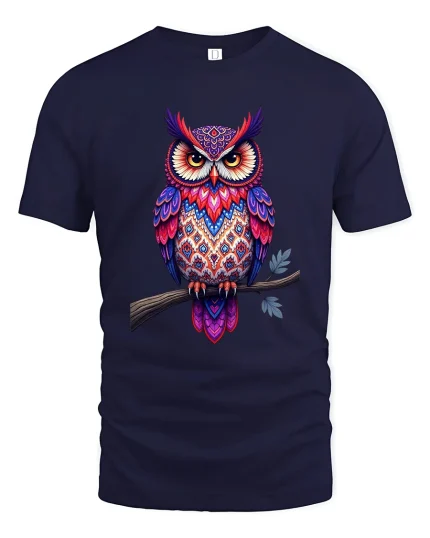 Colorful Tribal Owl Tee Mystical Patterned Owl Art Illustration - navy t-shirt on white background