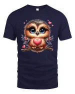 Cute Owl Love Tee Big Eyes Owl Holding Heart Sweet Art Design - navy t-shirt on white background