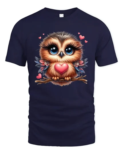Cute Owl Love Tee Big Eyes Owl Holding Heart Sweet Art Design - navy t-shirt on white background