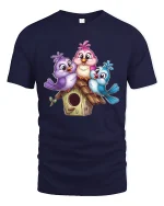 Cute Bird Family Tee Colorful Baby Birds Sitting On Cozy Birdhouse - navy t-shirt on white background