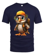 Cute Explorer Bird Tee Adorable Cartoon Bird With Backpack Art - navy t-shirt on white background