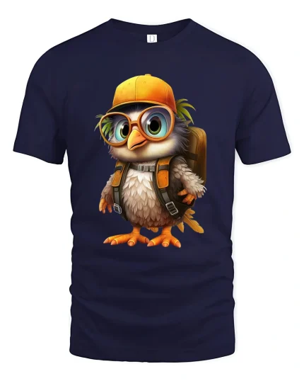 Cute Explorer Bird Tee Adorable Cartoon Bird With Backpack Art - navy t-shirt on white background