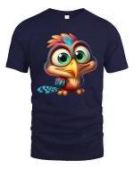 Cute Big Eyed Baby Bird Tee Colorful Cartoon Animal Art Style - navy t-shirt on white background