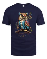 Colorful Owl Tee Artistic Feathered Owl Illustration Nature Art - navy t-shirt on white background