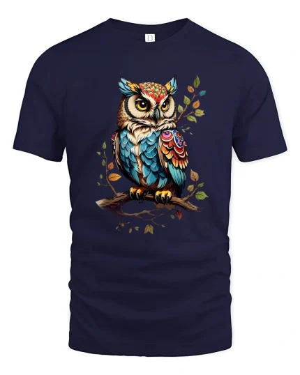 Colorful Owl Tee Artistic Feathered Owl Illustration Nature Art - navy t-shirt on white background