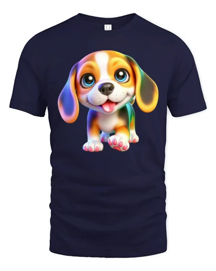Cute Puppy Tee Adorable Smiling Dog Illustration With Big Eyes - navy t-shirt on white background