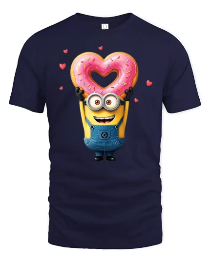 Funny Yellow Cartoon Tee Cute Character Holding Heart Donut Art - navy t-shirt on white background